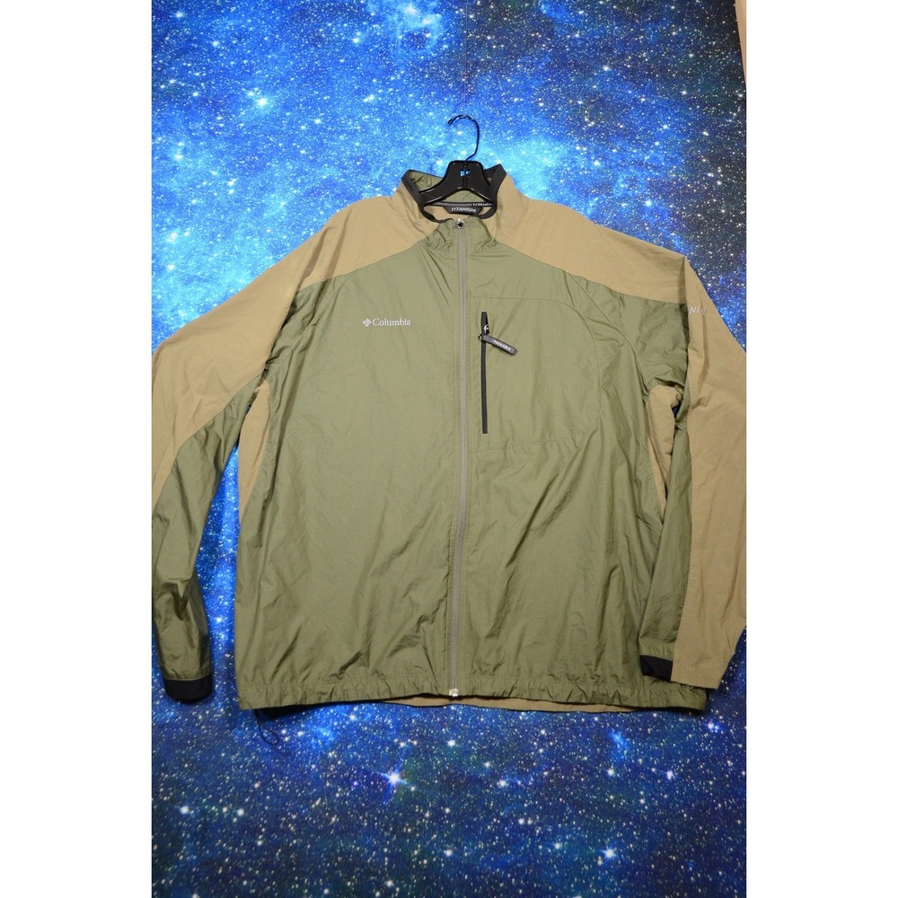 Columbia Titanium Windbreaker Jacket Mens 2XL Green Tan Packable Full Zip Hiking